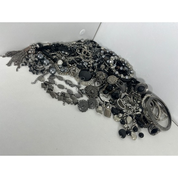 Black and Silver Tone Mixed Costume Jewelry Lot in Mason Jar Assorted Bundle - Picture 6 of 8